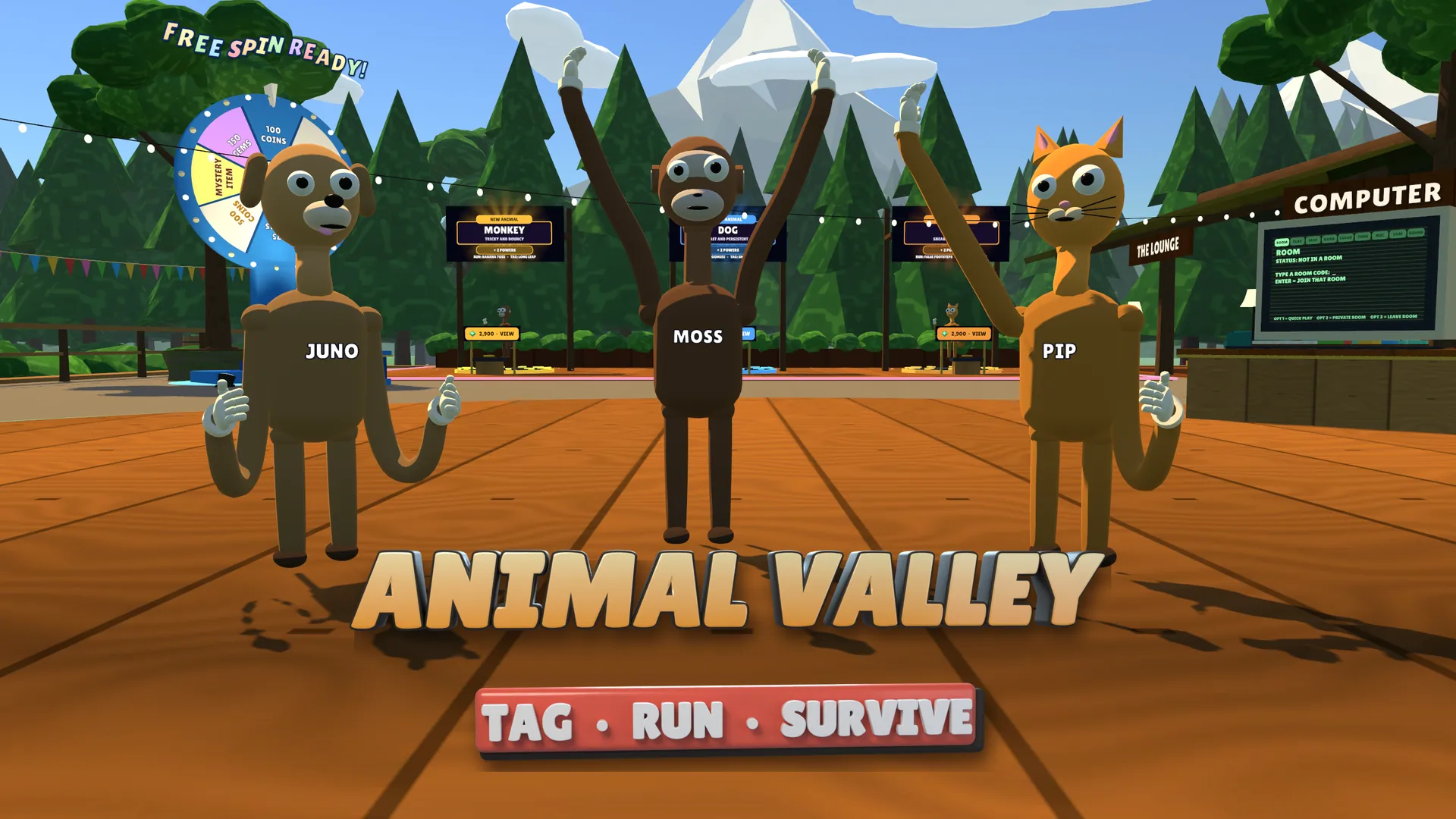 Animal Valley key art: a monkey, a dog and a cat in the lobby, with the Animal Valley logo and the words Tag, Run, Survive